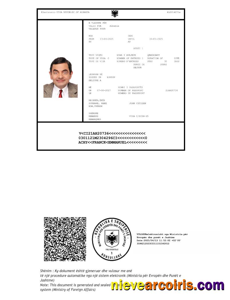 Albania e-visa, version 2